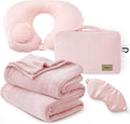 Bedsure Travel Blanket Set with Inflatable Neck Pillow and Eye Mask - Lightweight 3-in-1 Airplane Packable Blanket, Compact Travel Essentials, Pink by BEDSURE