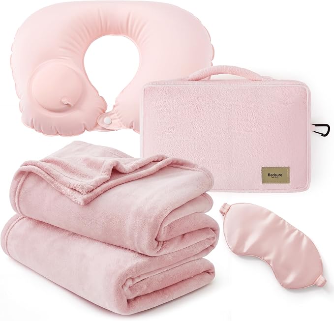Bedsure Travel Blanket Set with Inflatable Neck Pillow and Eye Mask - Lightweight 3-in-1 Airplane Packable Blanket, Compact Travel Essentials, Pink by BEDSURE
