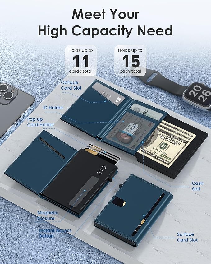 QLD RFID Wallet for Men - Smart Pop up Card Holder - Trifold, Slim, Minimalist Wallet for Front Pocket, 9-11 Cards Capacity | ID Window | Cash Slot | Magnetic Closure - Image 2