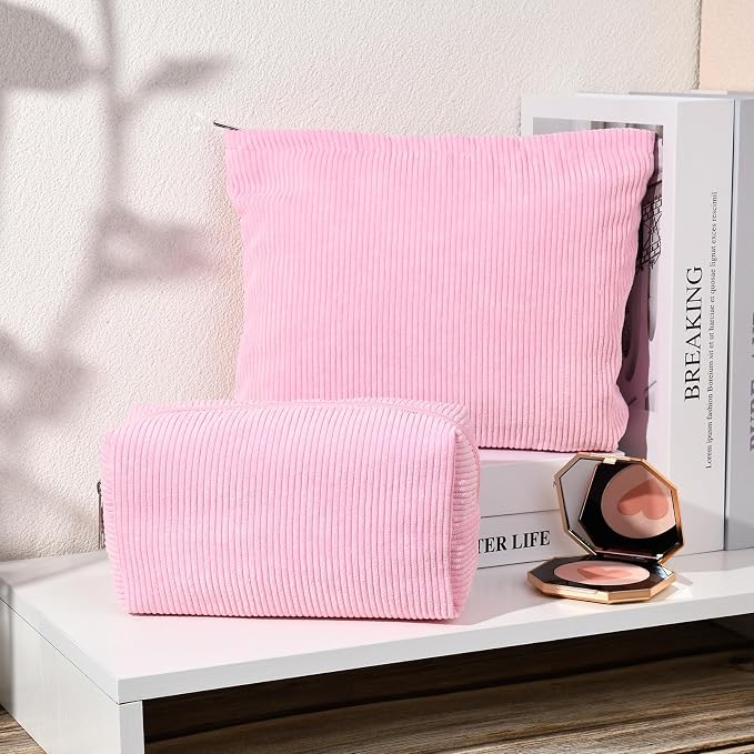 SOIDRAM 2 Pieces Makeup Bag Large Corduroy Cosmetic Bag Capacity Canvas Mix Travel Toiletry Bag Organizer Cute Makeup Brushes Aesthetic Accessories Storage Bag for Women,Corduroy Mix Hot Pink - Image 5