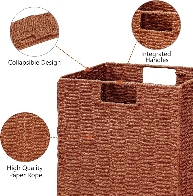 Wicker Storage Basket, Set of 2 Hand-Woven Paper Rope Wicker Baskets, Foldable Cube Storage Bins, 11 inch Storage Basket, Square Baskets for Organizing Shelves & Decor, Orange (11″×11″×11″) - Image 2