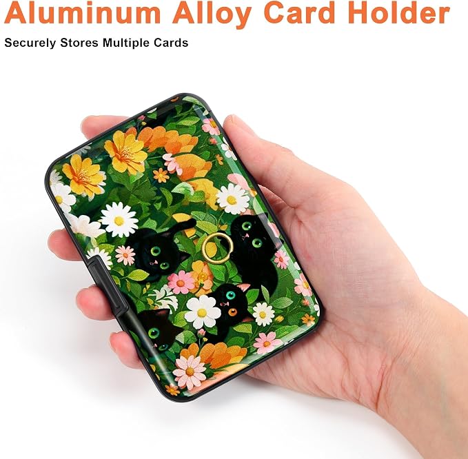 Mayski Credit Card Holder for Women RFID Blocking Wallet, Black Cat Flower | Card Wallets for Women Small Mini Business Metal Accordion Aluminum Alloy Hard Case for Men - Image 3