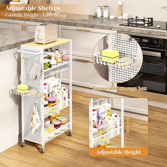Slim Storage Rolling Cart: 4-Tier Narrow Metal & Wood Utility Cart with Wheels for Kitchen/Laundry/Bathroom(White) - Image 6