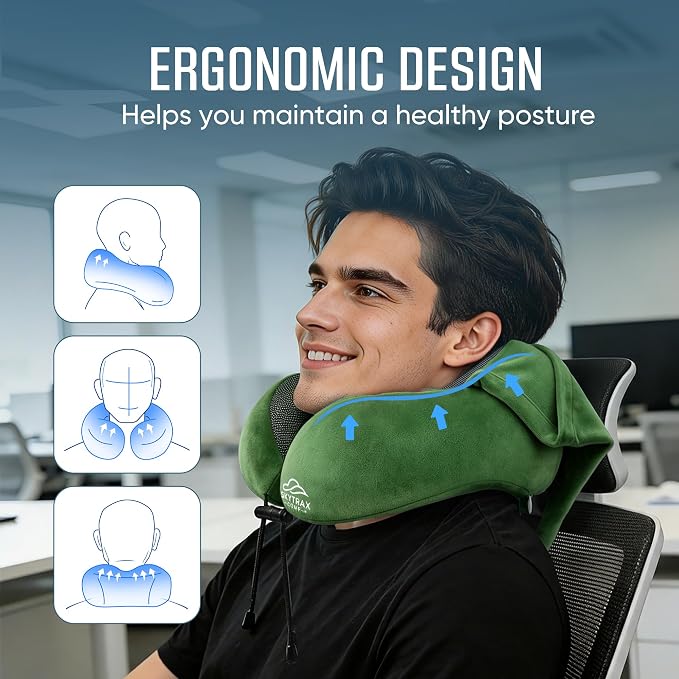 SkytraxComf® Travel Neck Pillow with Hood for Privacy on Long Flights | Memory Foam | Airplane Sleep | Safety-Tested Materials | Extra Large Hood | Chin Support | Earplugs | Washable Cover - Image 3