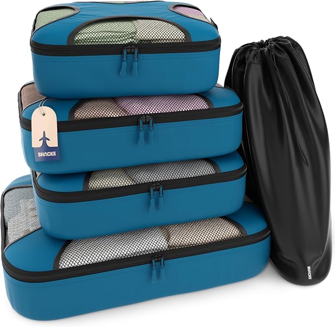 Shacke 5 Set Packing Cubes for Travel with Laundry Bag (Gentlemen's Blue) | Suitcase Organizer Bags Set: 4 Water-Resistant Luggage Cubes, XL to Small, + Laundry Bag for Carry-On or Checked by Shacke