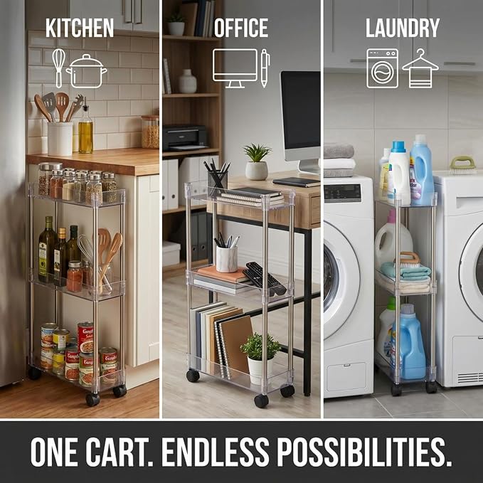 American Dream Home Chrome/Clear Acrylic Slim 3-Tier Rolling Cart Portable Narrow Storage Trolley with Wheels, Transparent Shelves for Bathroom, Kitchen, Office & Small Spaces - Image 3