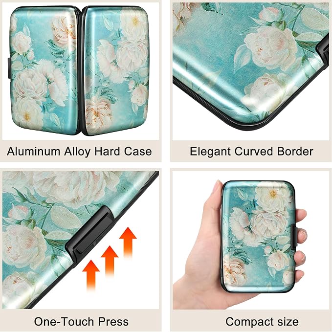Mini RFID Aluminum Wallet Credit Cards Holder Business Card Case Metal ID Case for Men Women(White peony) - Image 3