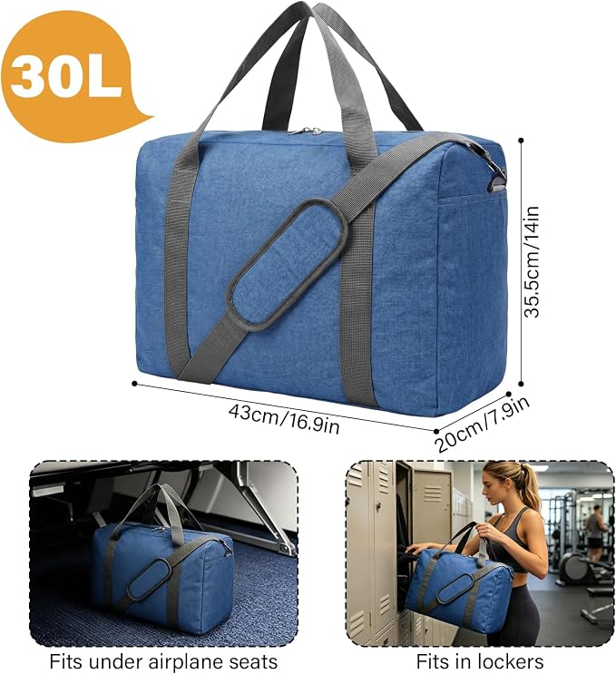 30L Foldable Underseat Travel Duffel Bag 17.3"x13.8"x7.9" – Lightweight Carry on Luggage for Women and Men, Waterproof Overnight Bag, Gym Sport Holdall, Hospital Tote with Trolley Sleeve, Blue - Image 2