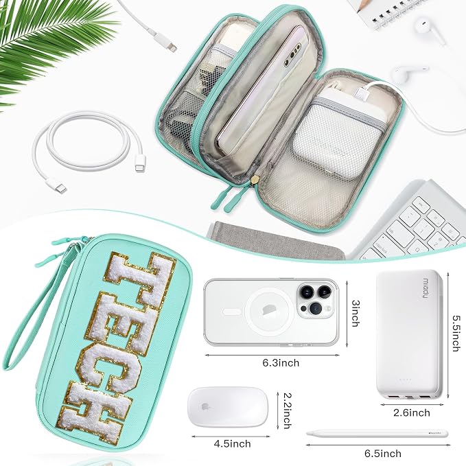COSHAYSOO Electronics Organizer Bag Travel with Chenille Letter Patch Traveling Must Have Accessories Cute Personalized Gift for Women Cable Cord Charger Storage Pouch (Teal Blue) - Image 4