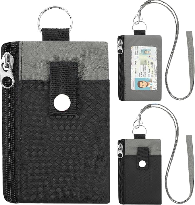 Minimalist RFID Blocking Wallet with 2 Zip Pockets and Lanyard, Water Resistant ID Case with Key Ring and Cards Badge Holder, Coin Purse Pouch for Men and Women Travel Sports -BK+GR by Unknown