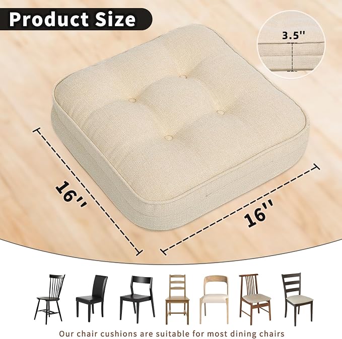 GOFORIT Tufted Shredded Memory Foam Chair Pads，Kitchen Chair Cushions for Dining Chairs,Non-Slip Seat Cushions with Removable Cover, 16'' x 16'', 6 Pack,Beige - Image 2
