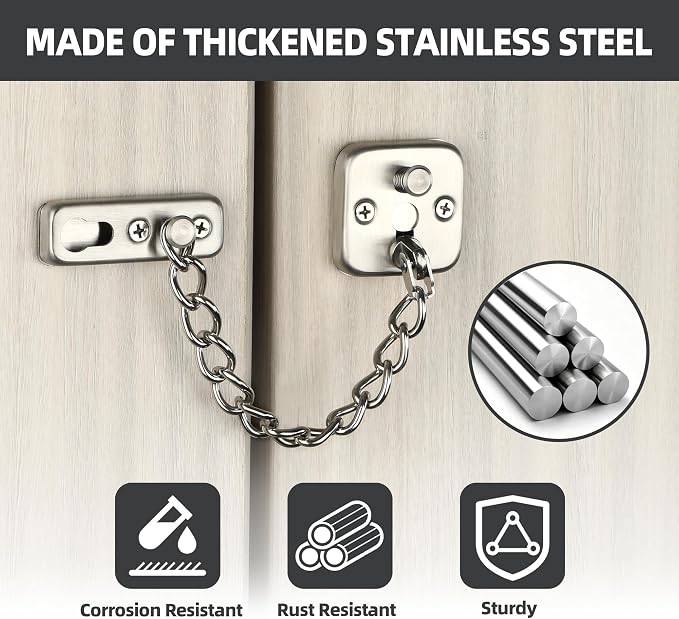 Mooche Door Chain Lock, Chain Door Lock with Spring Anti-Theft Press Lock | Thickened Stainless Steel Door Latch Guard with Screws for Interior Outdoor Toilet Barn Fence Garage (Brushed) - Image 6