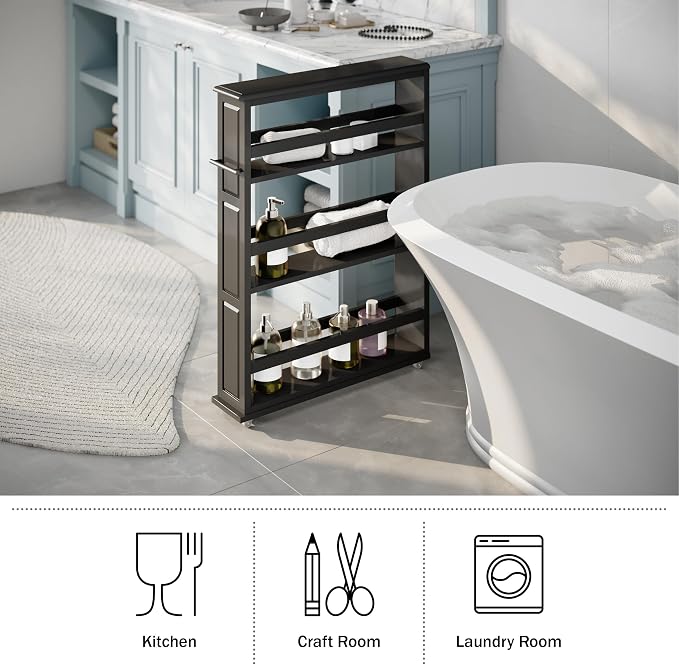 Lavish Home 3 Tier Slim Utility Rolling Storage Cart, Black, 25”W x 5.7”D | Narrow Rolling Cart Storage Organizer with Handle and Wheels for Bathroom, Laundry Room, and Kitchen, Pull-Out Home Organizer - Image 3