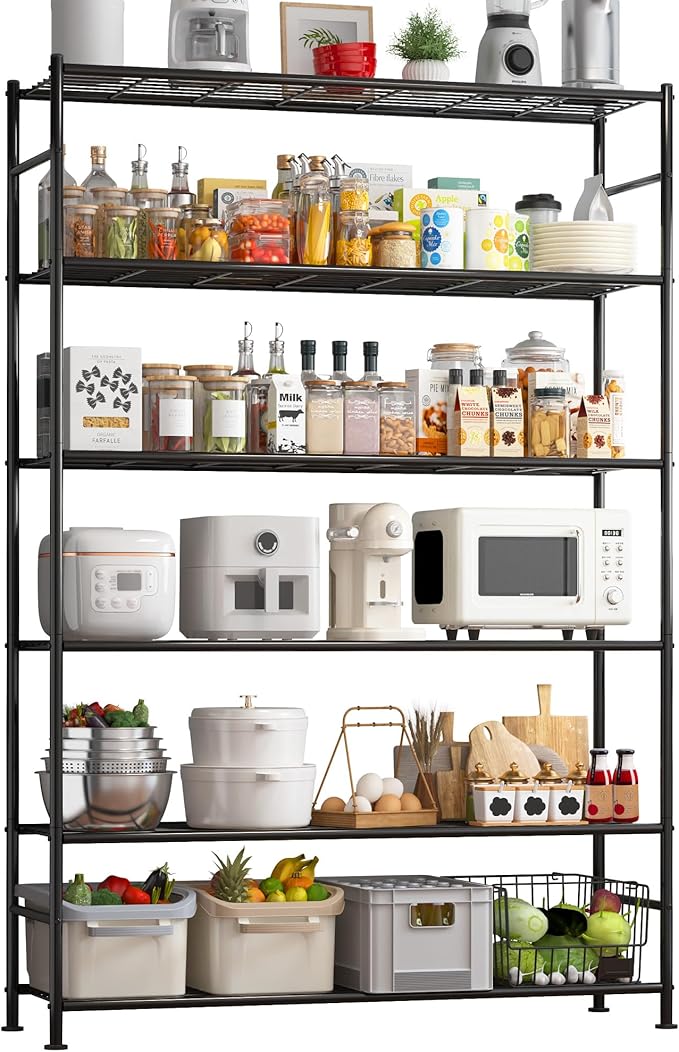 Sakugi Storage Shelves - 6 Tier Shelf Organizer, Heavy Duty Garage Shelving Unit with Leveling Feet, Stable Metal Shelves Organizer for Pantry, Kitchen and Closet, 46.3" W x 12.6" D x 76.1" H, Black by Sakugi