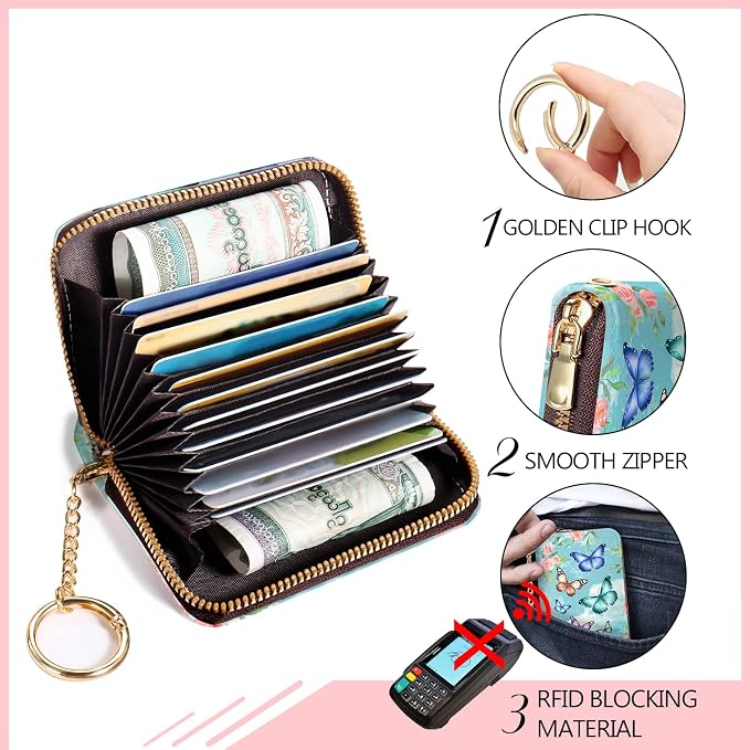 Blusabaca RFID Credit Card Holder Small Women Travel Wallet, Butterfly | Removable Keychain, Case with Zipper, Vegan PU Leather, Cash Coin Pocket, Business Accordion Purse, Ladies Female Gift - Image 5