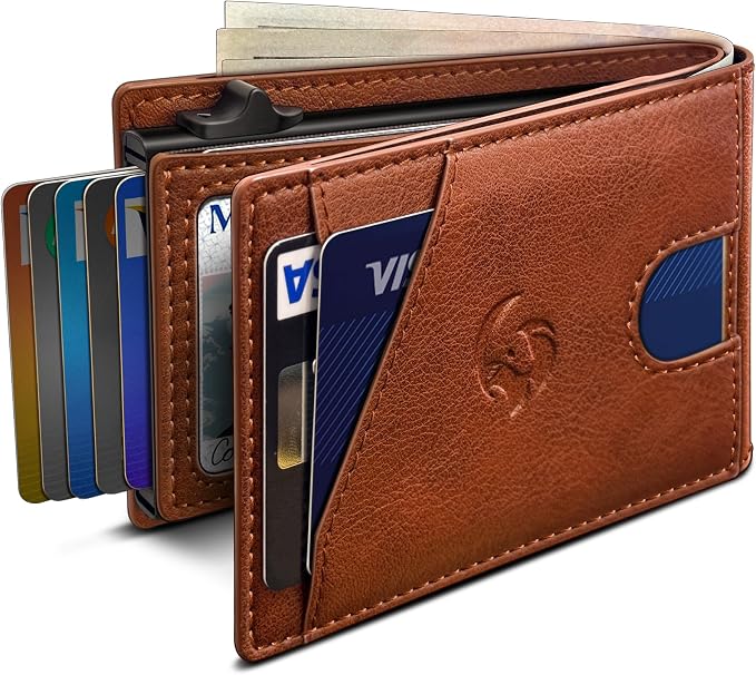 Wallet for Men, Slim Pop Up Card Holder with RFID Blocking, Minimalist Bifold Wallet with 9 Card Slots, ID Window and Cash Pocket, Metal Flip Case with Magnetic Closure, Gift Box by Housmai