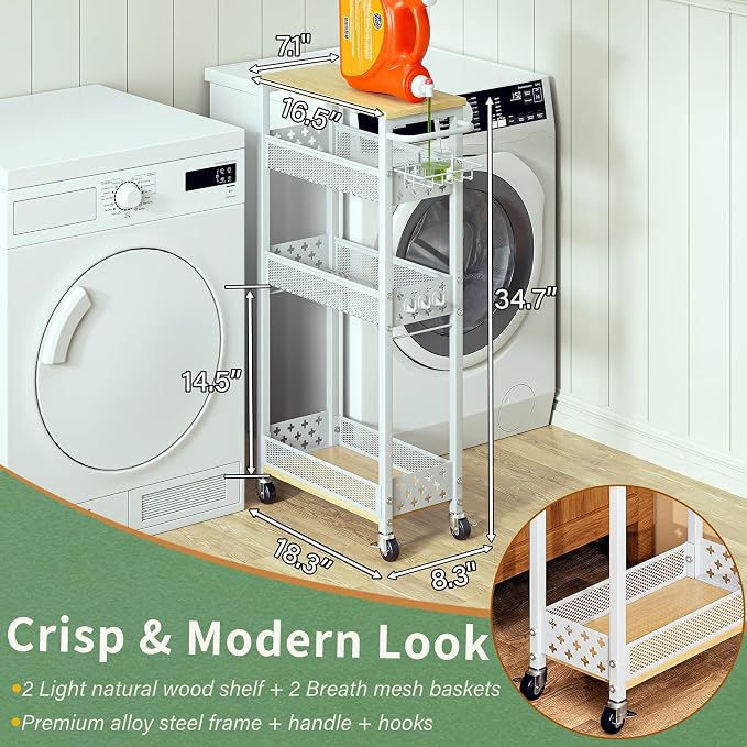 OKZEST Slim Laundry Room Organization Cart with Detergent Dispenser Holder | Holds tall bottles, Upgraded metal hub casters, 4-Tier space-saving narrow rolling cart, Premium wood & metal mesh shelves - Image 4