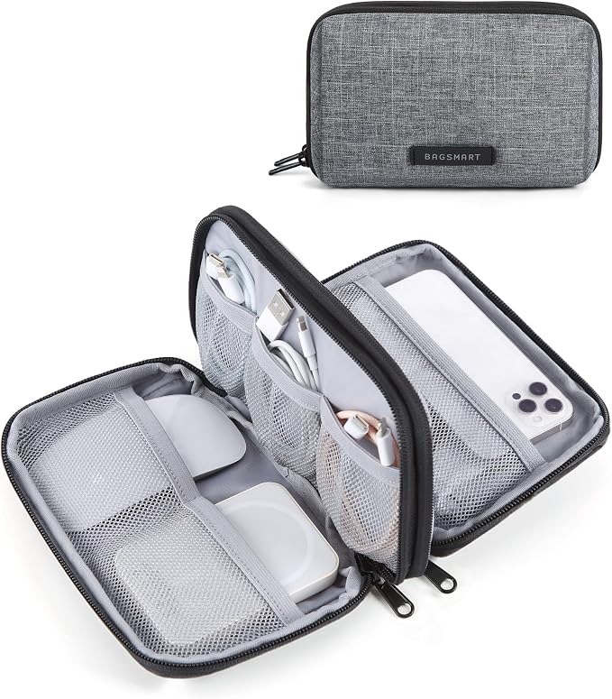 BAGSMART Electronics Travel Organizer for Cords Chargers Phones, Grey | Travel Essentials, Tech Organizer Pouch, Cord organizer bag for Cables, Compact Travel Accessories by BAGSMART
