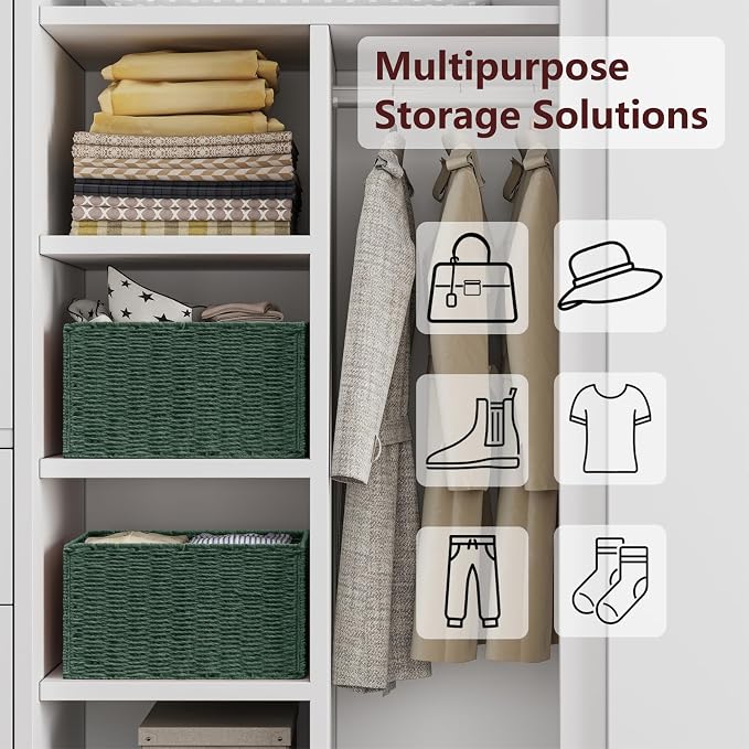 Large Wicker Storage Basket, Collapsible Baskets for Organizing | Set of 2 Hand-Woven Paper Rope Wicker Basket, 17"x 12" Closet Organizers and Storage with Handles Home Organization, Green - Image 8