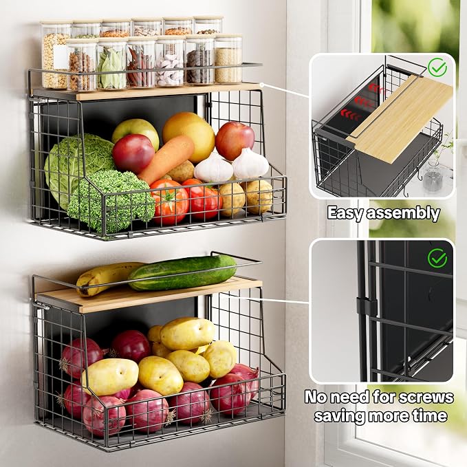 TIDIIABODE Magnetic Shelf for Fridge, Large Container Magnetic Spice Rack for Refrigerator, Fruit Potato and Onion Storage Bins, Magnetic Basket with Wood Lid, Kitchen Counter, Cabinet - Image 2