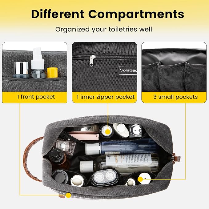 Vorspack Canvas Travel Toiletry Bag for Men, Medium, Light Grey | Water-Resistant Travel Bag for Toiletries, Large Capacity, Organized Compartment, Suitable for Shaving, Grooming, Accessories - Image 4