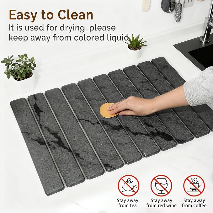 Large Stone Dish Drying Mat for Kitchen Counter, Quick Dry Stone Dishes Mats, Foldable Water Absorbing Diatomaceous Drying Pad for Countertop Bottles Utensils Cups Bathroom (Dark Gray 24"x16") - Image 5