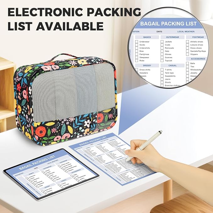 BAGAIL 9 Set Packing Cubes with Packing List Luggage Packing Organizers for Travel Accessories (Black floral) - Image 4