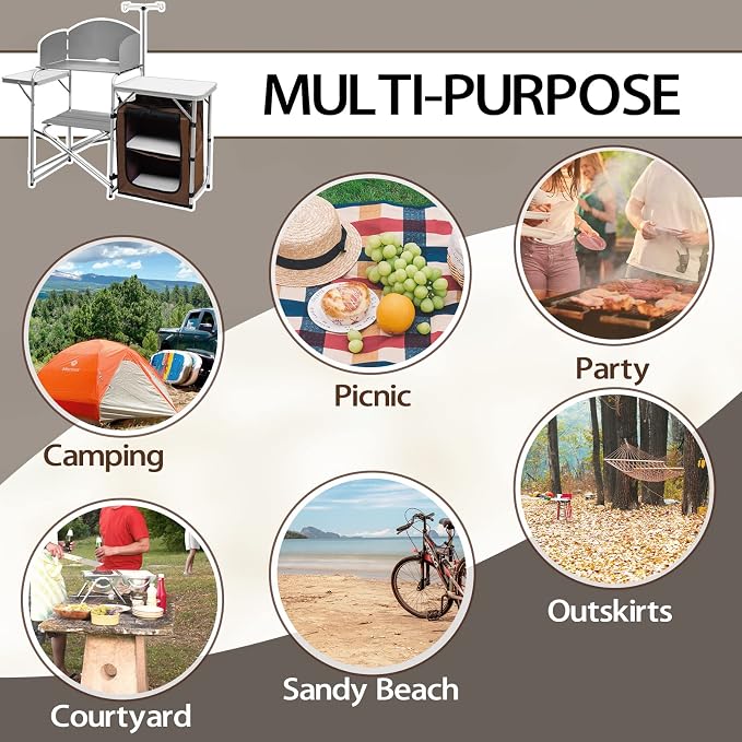 CampLand Folding Camping Kitchen Table with Windscreen,Portable Outdoor Cooking Station with Storage Cabinet & Side Tables Heavy Duty Camp Cook Station for Camping & BBQ（White） - Image 7