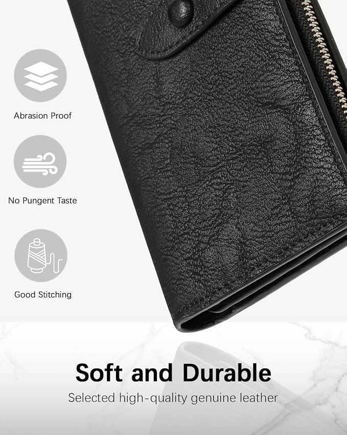 BOSTANTEN Womens Leather Wallet RFID Large Capacity Credit Card Holder | 4 ID Windows, 16 Card Slots, Zipper Coin Pocket, Clutch Wallet, Long Bifold, Ladies Gifts, Grey Black - Image 2