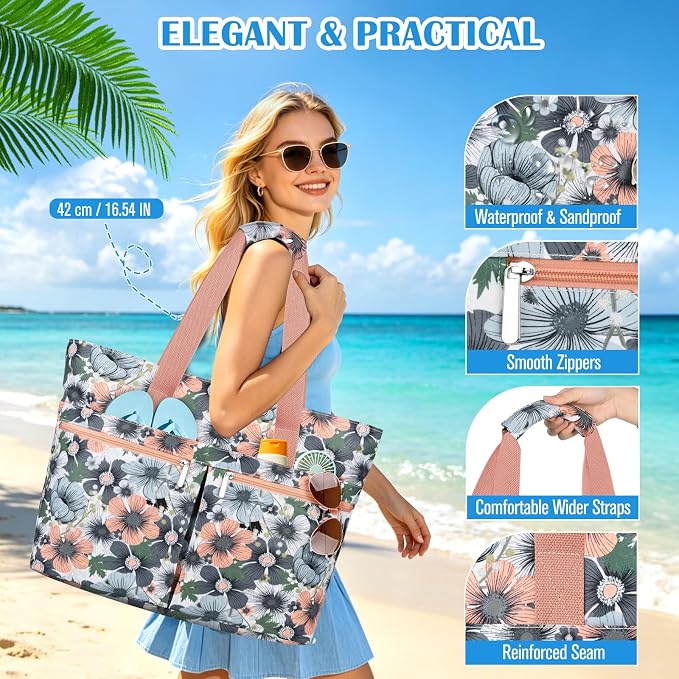 HUANLANG Large Beach Bags for Women Pool Bag with Zipper, Waterproof Sandproof Beach Tote Travel Bag with Wet Pocket - Image 8