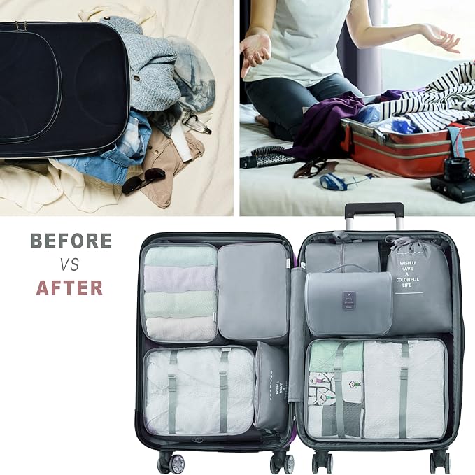 Packing Cubes, 8 Pcs Travel Packing Organizers for Suitcases, Large Capacity Travel Luggage Organizers Set includes 8 Storage Bags for Women or Men (Grey) - Image 5