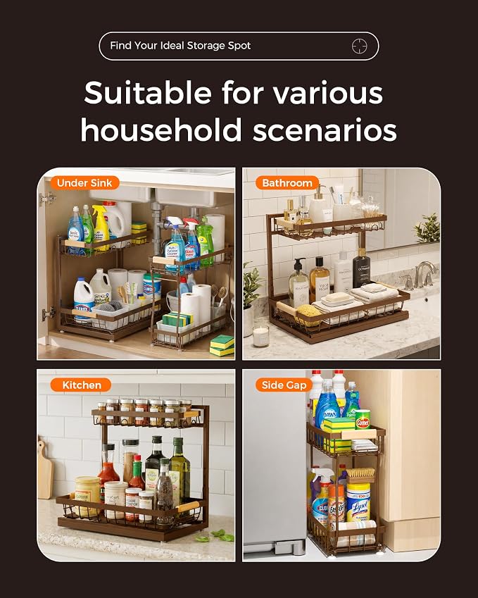 2026 Upgraded 3-Pack 2-Tier Adjustable Height Under Sink Organizer, Brown | Multi-purpose metal storage shelf with sliding shelves for kitchen, bathroom, pantry & laundry cabinet - Image 7