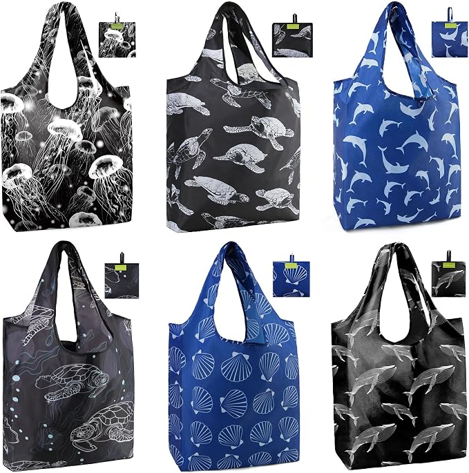 BeeGreen Reusable Shopping Bags Cute Grocery Bag 6 Pack, Reusable Gift Bags Heavy-Duty Foldable Shopping Totes for Supermarket, Work & Travel, Large Washable Polyester Tote Bag with Handles by BeeGreen