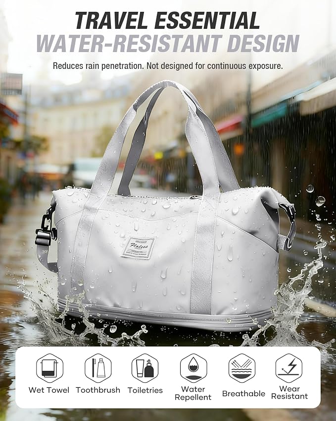 Expandable Travel Duffle Bag for Women Men, Large Gym Bag Travel Tote Bags, Waterproof Carry On Personal Item Bag Airline Approved, Overnight Workout Weekender Bag with Luggage Sleeve, Light Grey | Waterproof Carry On Personal Item Duffel Bag 40L Doubl... - Image 7