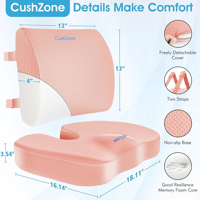 CushZone X-Large Seat Cushion and Lumbar Support Pillow for Office, Pink | Thick Memory Foam for Sciatica Pain Relief & Posture Correction, Non-Slip Chair Cushions for Car, Wheelchair and Travel - Image 5