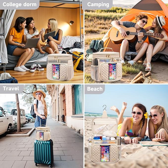 Large Leather Toiletry Bag for Women Men,Bathroom Bag,Water Resistant Shower Bag,Makeup Bag,Portable Shower Caddy for College Dorm,Hanging Travel Toiletry Bag with Transparent Waterproof Phone Pocket - Image 7
