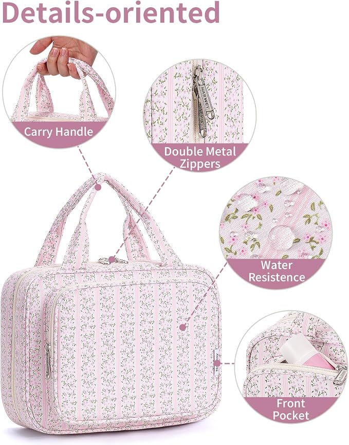 Narwey Hanging Toiletry Bag for Women Travel Makeup Bag Organizer Toiletries Bag for Travel Size Essentials Accessories Cosmetics (Pink Flower Buds (Medium)) - Image 7