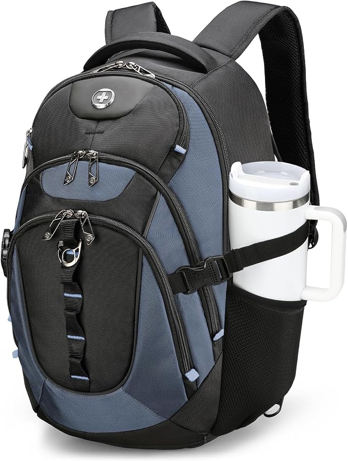 Swissdigital Design Laptop Backpack with USB Charging Port, Travel Backpack Fits 15.6-Inch Computer, 31l College School Backpack for Men, Haze Blue/Black | SD803-16 by SwissdigitalDesign