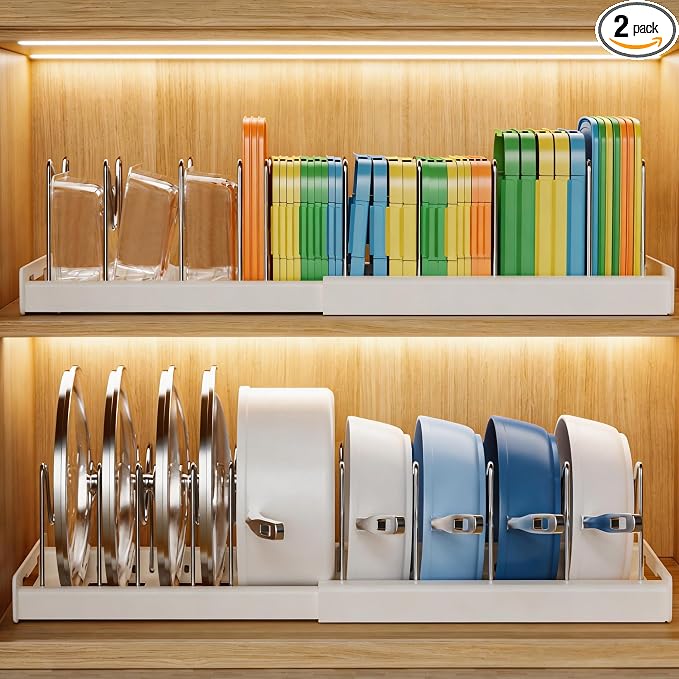 Nigelia 2 Pack Pots and Pans Organizer for Under Cabinet, 22" Expandable Food Storage Container Lid Organizers with 10 Adjustable Dividers Pot Lid Holders Rack Inside Cabinet&Kitchen Countertop(White) by Nigelia