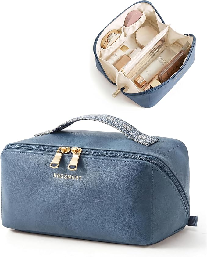 BAGSMART Makeup Bag Travel Cosmetic Bag,Toiletry Case, Vintage Denim Blue | Make Up Bag Flat Open Toiletry Bag for Women, PU Leather Travel Essentials Wide-open Skincare,Brushes Organizer Case Large by BAGSMART