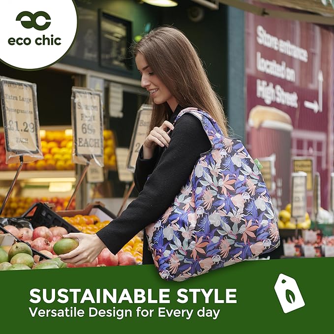 ECO CHIC Foldable Reusable Large Recycled Grocery Bags Lightweight Shopping Tote Bags with Storage Pouch - Collection of 4 bags - Image 2
