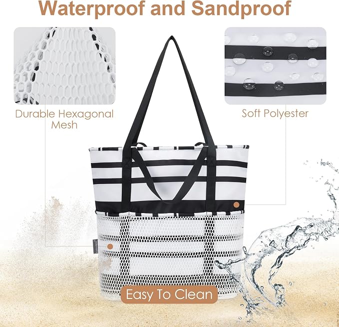 KABAQOO Large Beach Bag Waterproof Sandproof Tote Bag for Women with Zipper & Mesh Pockets for Pool Swim Travel Everyday | waterproof - Image 4