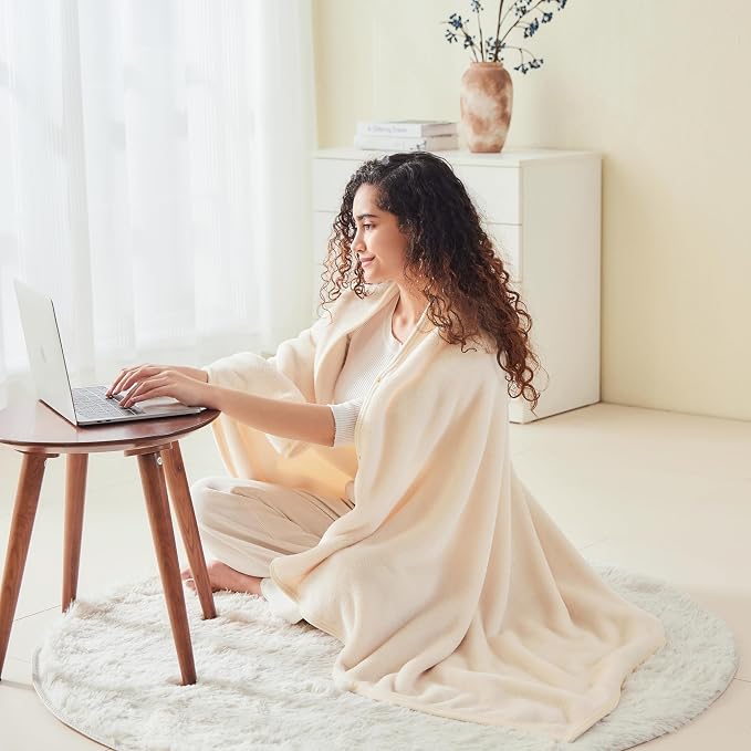 Shawl Blanket Pillow 2-in-1 with Sleeves for Office, Work, Home (Pearled Ivory, 40x60) - Wearable Adult Snuggie Coat Poncho, Airplane Travel Set, Fleece Shoulder Wrap for Men and Women - Image 2