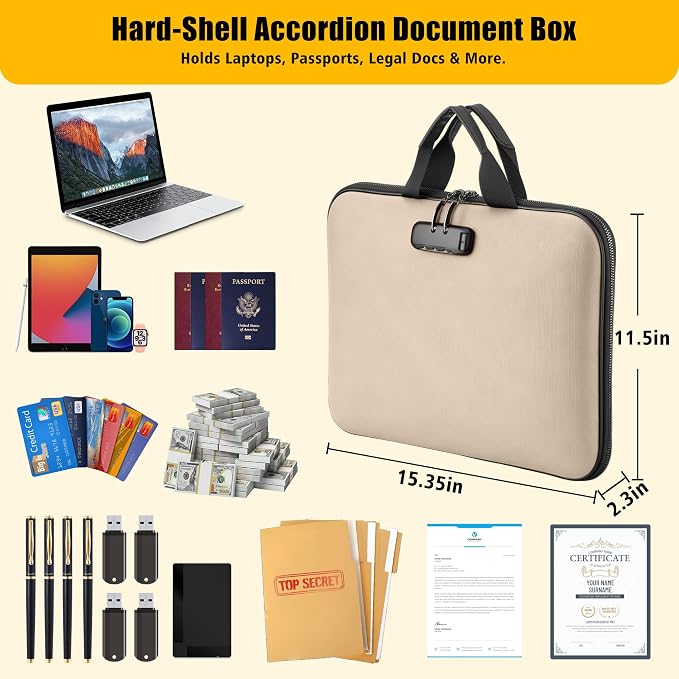 facka Fireproof Document Box with Lock, Hard-Shell Safe File Organizer | 13-Pocket Accordion Folder for Important & Legal Documents, Laptop, Passport, Cards & Valuables, Home Office Travel Beige - Image 2