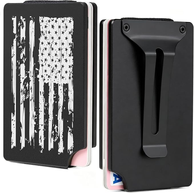 Slim Wallet for Men,RFID Blocking Minimalist Metal Wallet, Money Clip/Cash Holder, Front Pocket Aluminum Credit Card Holder, Ideal Gift for Men,Black-American USA Flag by Unknown