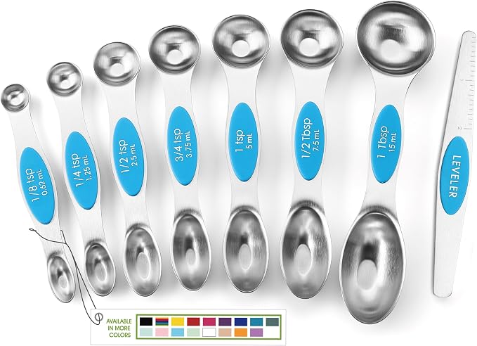 Spring Chef Stainless Steel 8 Magnetic Measuring Spoons for Kitchen, Teal | Dual Sided Metal Teaspoon & Tablespoon Measuring Spoons with Leveler for Dry & Liquid Ingredients, Stackable, Dishwasher Safe by SpringChef