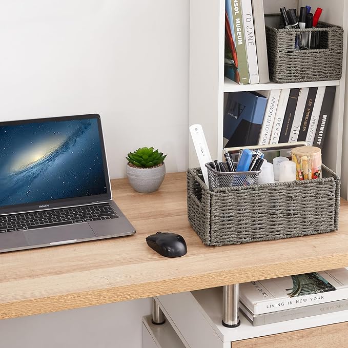 Wicker Storage Basket, Set of 2 Grey Baskets for Toilet Paper | Hand-Woven Wicker Baskets, Small Storage Baskets for Organizing with Handles Foldable Cube Storage Organizer Bins for Shelves - Image 7