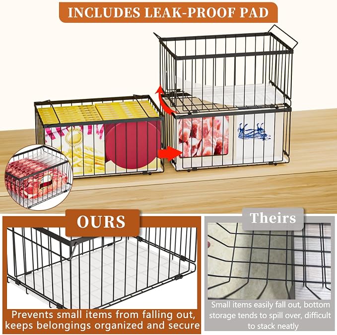 Large Freezer Organizer Bins for 5 to 9 Cu.Ft,Quick Expand/Collapse,6PACK | Freezer Organizer Bins, Stackable,foldable,With handle Wire Storage Container Baskets for Sort Frozen Meats,Leak-Proof Liner - Image 4