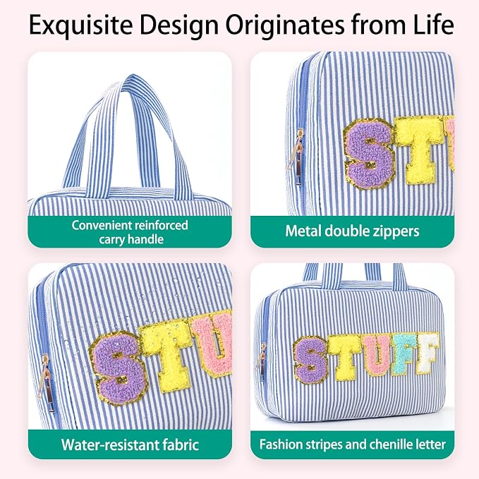 Hanging Toiletry Bag for Women Chenille Letter Travel Cosmetic Bag Fashion Stripes Water-resistant Makeup Bag for Store Toiletries Cosmetic Accessories Medium Blue - Image 2