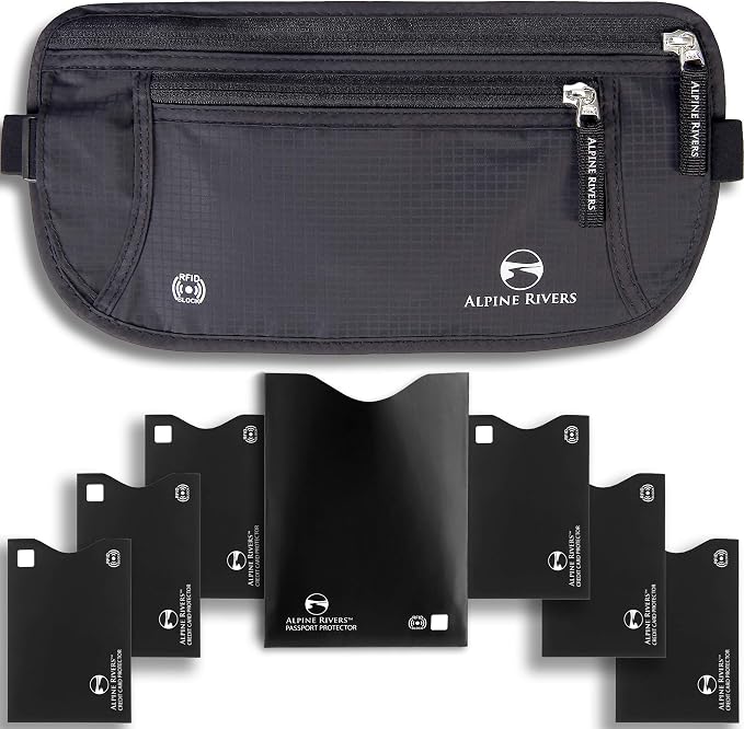 Alpine Rivers Money Belt for Travel - RFID Hidden Wallet, Onyx Black | Triple-layer RFID shielding, hidden passport holder and waist wallet, 7 card sleeves included, fits 26-56 inch waists by AlpineRivers